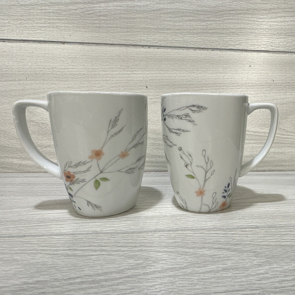 Corelle Coordinates Porcelain Floral Coffee Mugs Set of 2 White Adlyn *Defect*